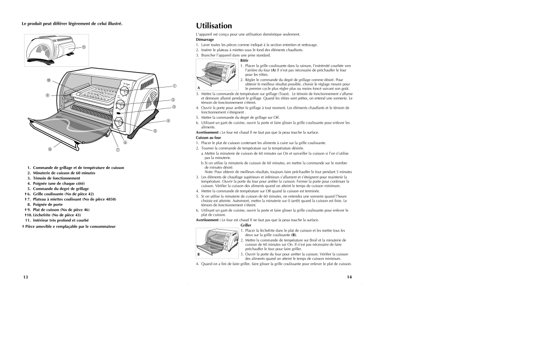 Black & Decker CTO650 manual Utilisation, Démarrage, Rôtir, Cuisson au four, Griller 