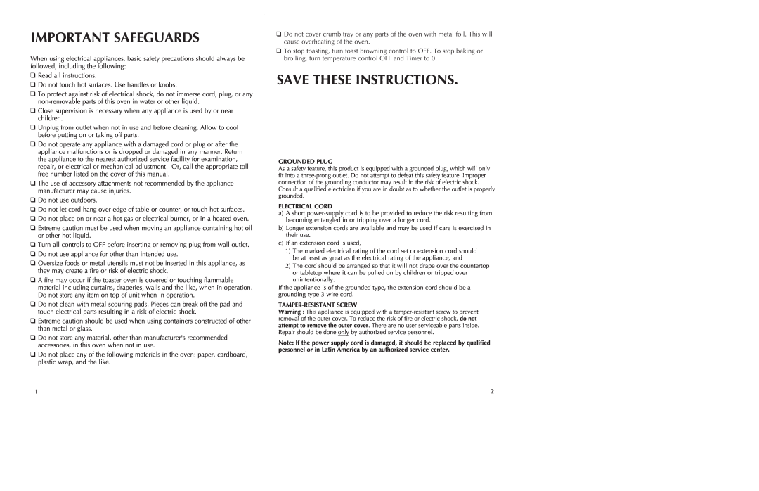 Black & Decker CTO650 manual Important Safeguards, Save These Instructions 