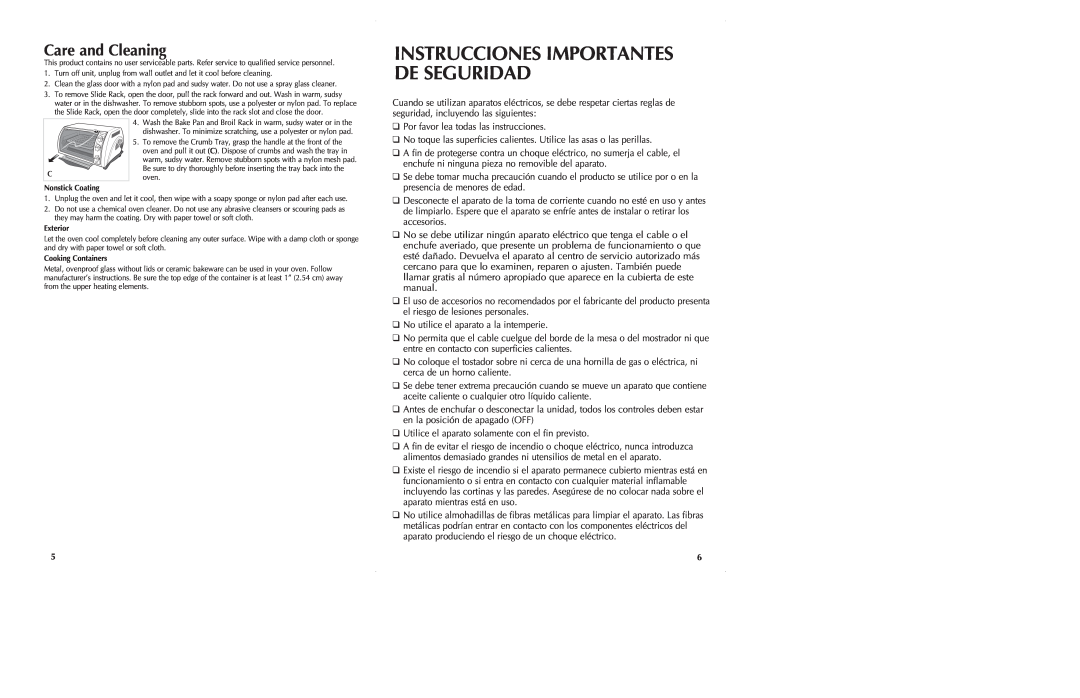 Black & Decker CTO650 manual Instrucciones Importantes De Seguridad, Care and Cleaning 