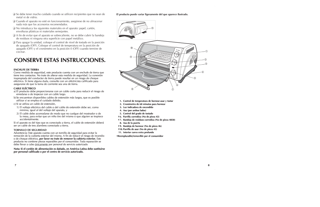 Black & Decker CTO650 manual Conserve Estas Instrucciones, Enchufe De Tierra, Cable Eléctrico 