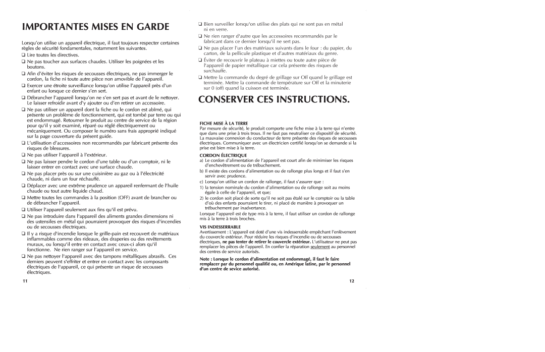 Black & Decker CTO650 manual Importantes Mises En Garde, Conserver Ces Instructions 
