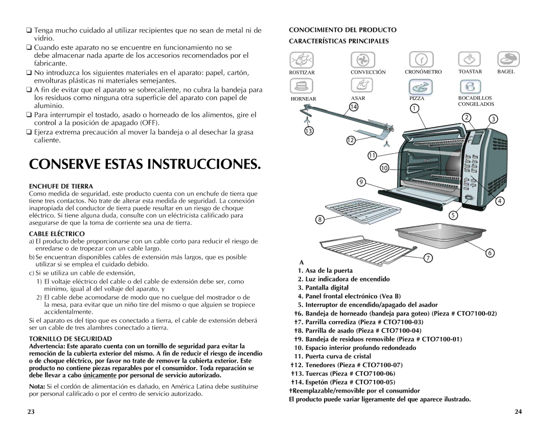 Black & Decker CTO7100B manual Enchufe DE Tierra, Cable Eléctrico, Conocimiento DEL Producto Características Principales 