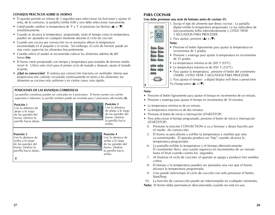 Black & Decker CTO7100B Consejos Prácticos Sobre EL Horno, Uno debe presionar una serie de botones antes de cocinar F 