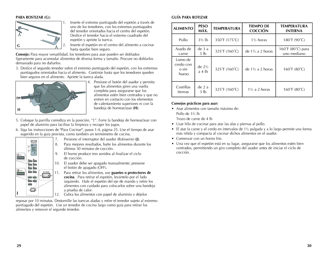 Black & Decker CTO7100B manual Para Rostizar G, Guía Para Rotizar Alimento Peso Temperatura Tiempo DE, Cocción Interna 