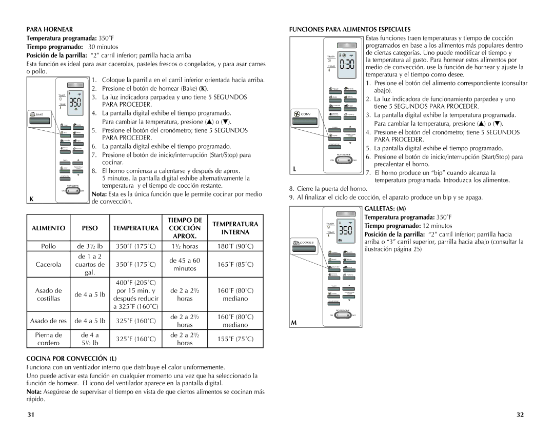 Black & Decker CTO7100B manual Para Hornear Funciones Para Alimentos Especiales, Galletas M Tiempo DE Temperatura Alimento 