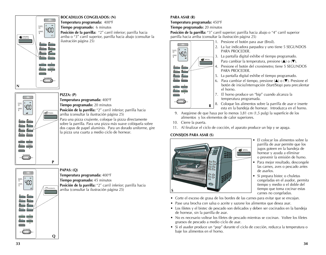 Black & Decker CTO7100B manual Bocadillos Congelados N, Para Asar R, Consejos Para Asar S, Papas Q 