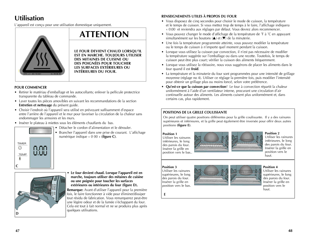 Black & Decker CTO7100B manual Utilisation, Entretien et nettoyage du présent guide, Renseignements Utiles À Propos DU Four 