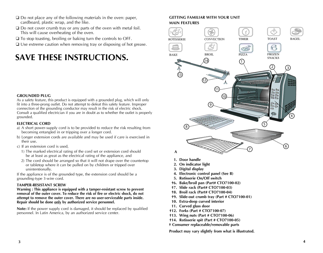 Black & Decker CTO7100B manual Grounded Plug, Electrical Cord, Getting Familiar with Your Unit Main Features 