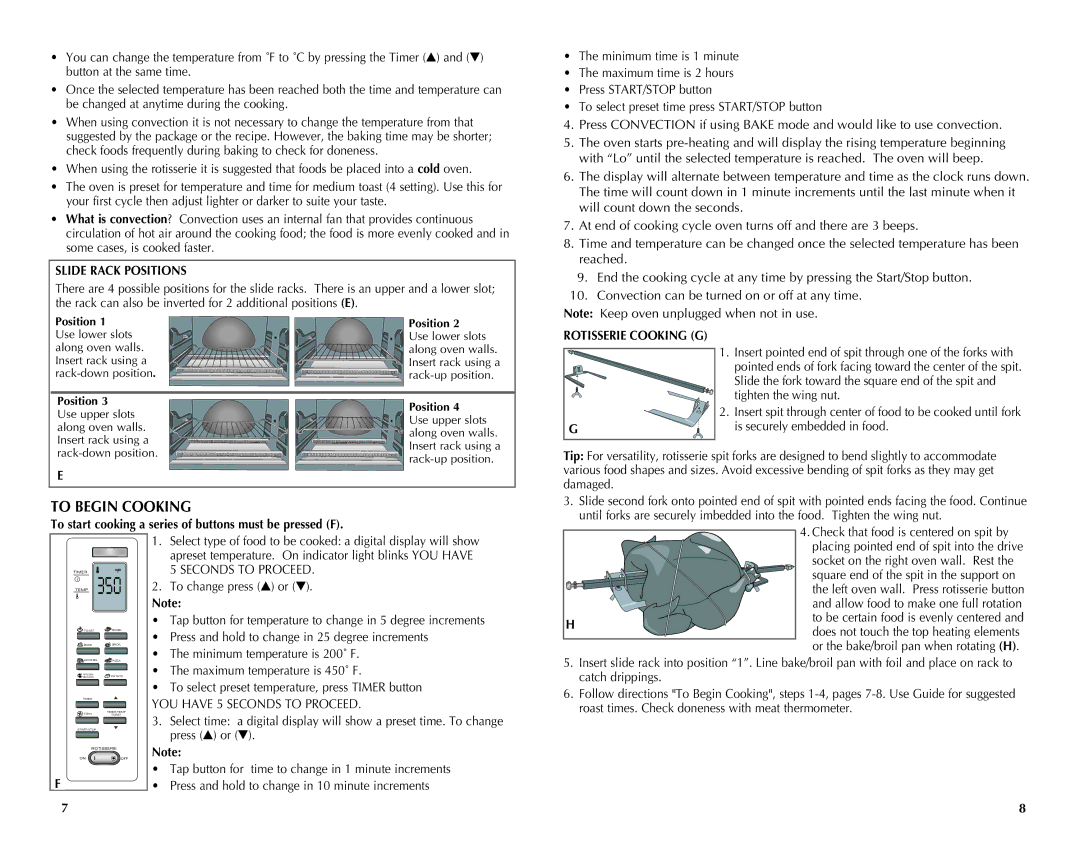 Black & Decker CTO7100B Slide Rack Positions, Rotisserie Cooking G, To start cooking a series of buttons must be pressed F 