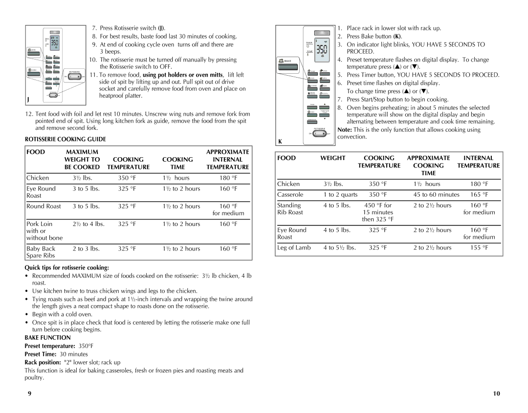 Black & Decker CTO7100B manual Rotisserie Cooking Guide, Food Maximum Approximate Weight to Cooking, Temperature Time 