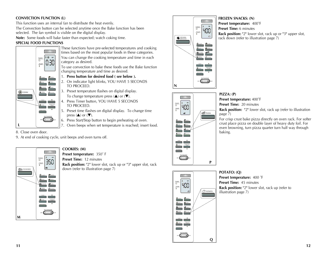 Black & Decker CTO7100B manual Convection Function L, Special Food Functions, Frozen Snacks N, Pizza P, Cookies M, Potato Q 