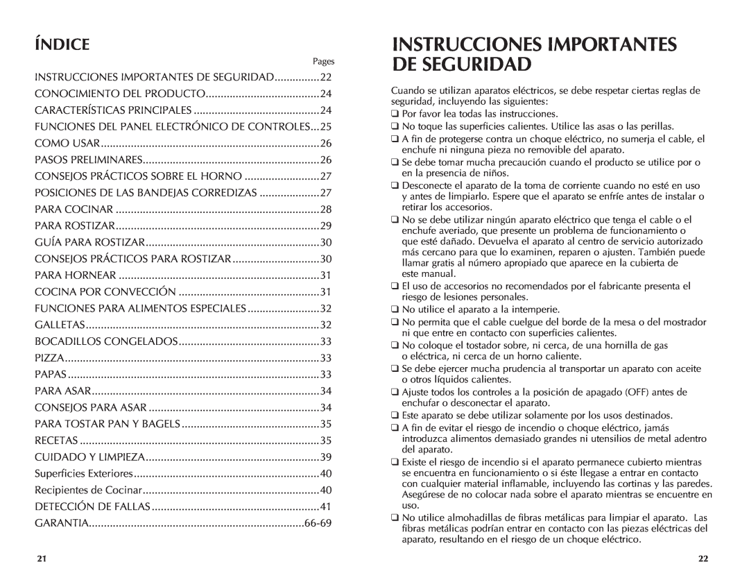 Black & Decker CTO7100B manual Índice, Instrucciones Importantes De Seguridad 