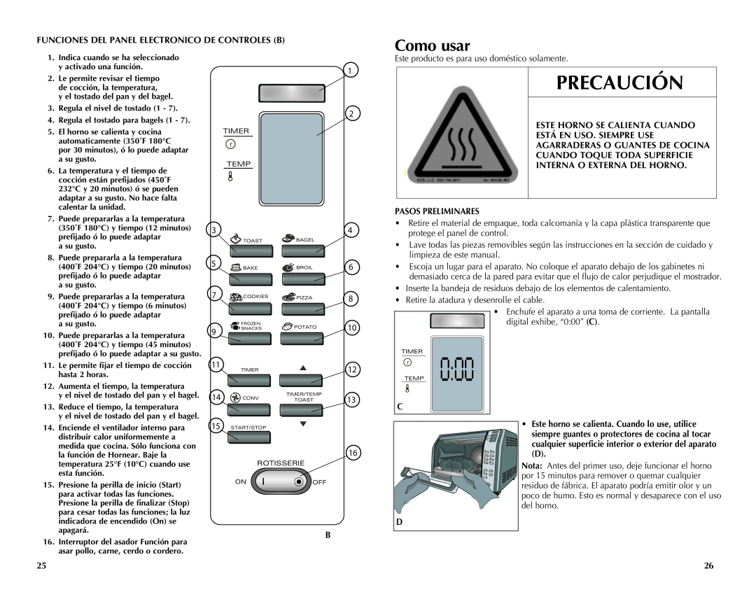 Black & Decker CTO7100B manual Como usar, PRECAUCIÓN$ 65*0, TEMP0, This Oven Gets Hot. When, In Use, Always Use Oven 