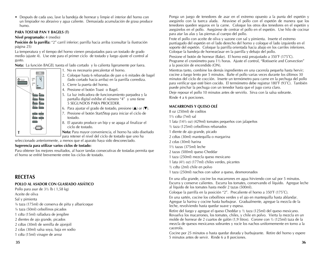 Black & Decker CTO7100B manual Recetas, Para Tostar Pan Y Bagels T, Nivel programado 4 medio, Macarrones Y Queso Olé 