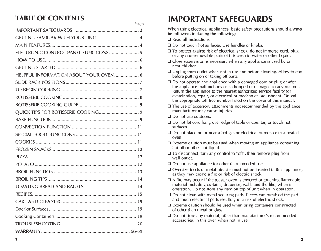 Black & Decker CTO7100B manual Important Safeguards, Table Of Contents 
