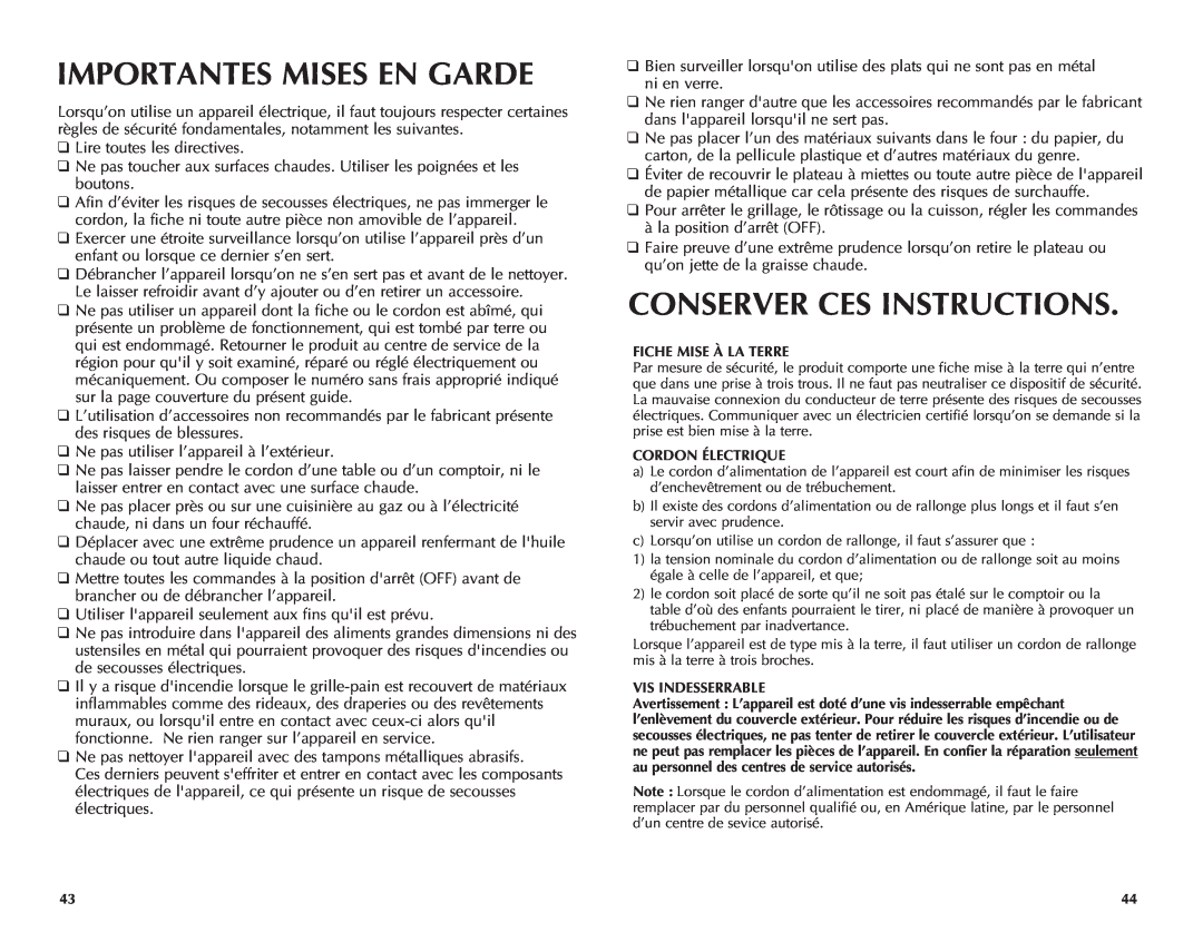 Black & Decker CTO7100B manual Importantes Mises En Garde, Conserver Ces Instructions 