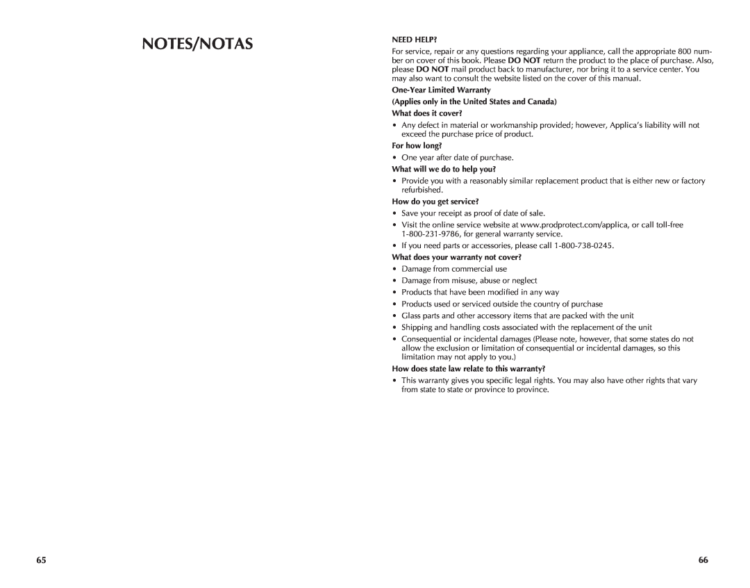 Black & Decker CTO7100B Notes/Notas, Need Help?, One-YearLimited Warranty, Applies only in the United States and Canada 