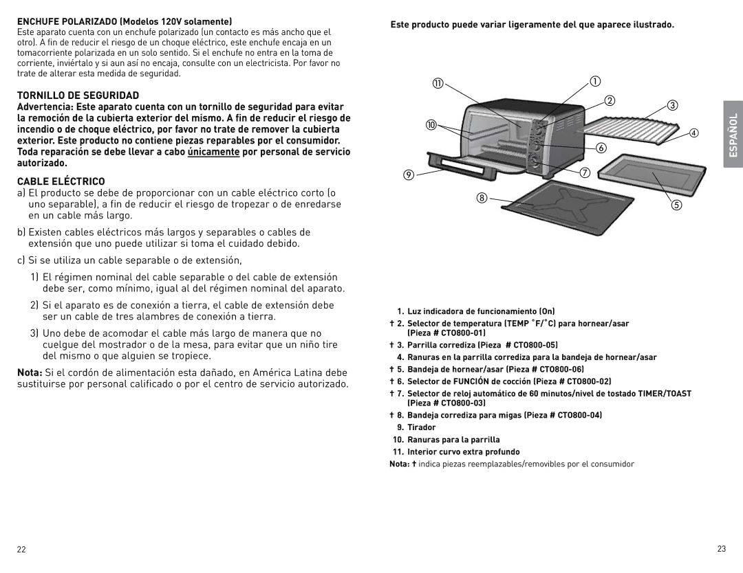 Black & Decker CTO800 manual Tornillo DE Seguridad 