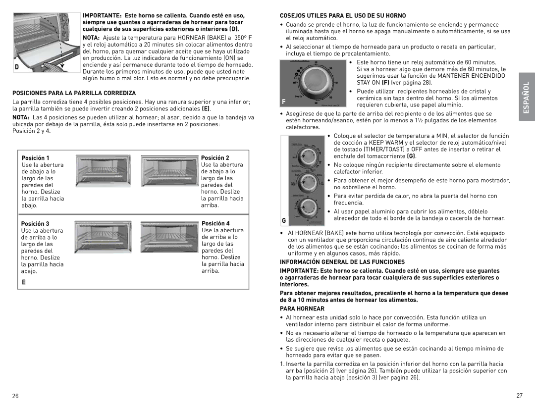 Black & Decker CTO800 manual Posiciones Para LA Parrilla Corrediza, Cosejos Utiles Para EL USO DE SU Horno, Para Hornear 