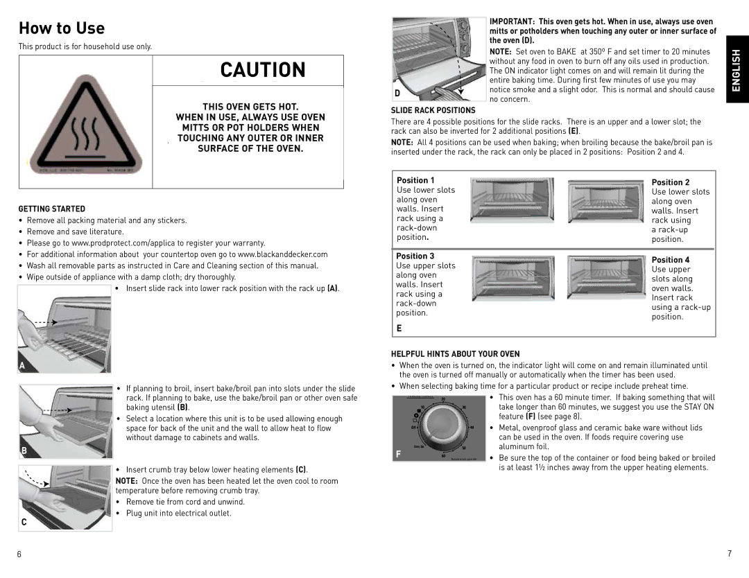 Black & Decker CTO800 manual Slide Rack Positions, Getting Started, Helpful Hints about Your Oven 