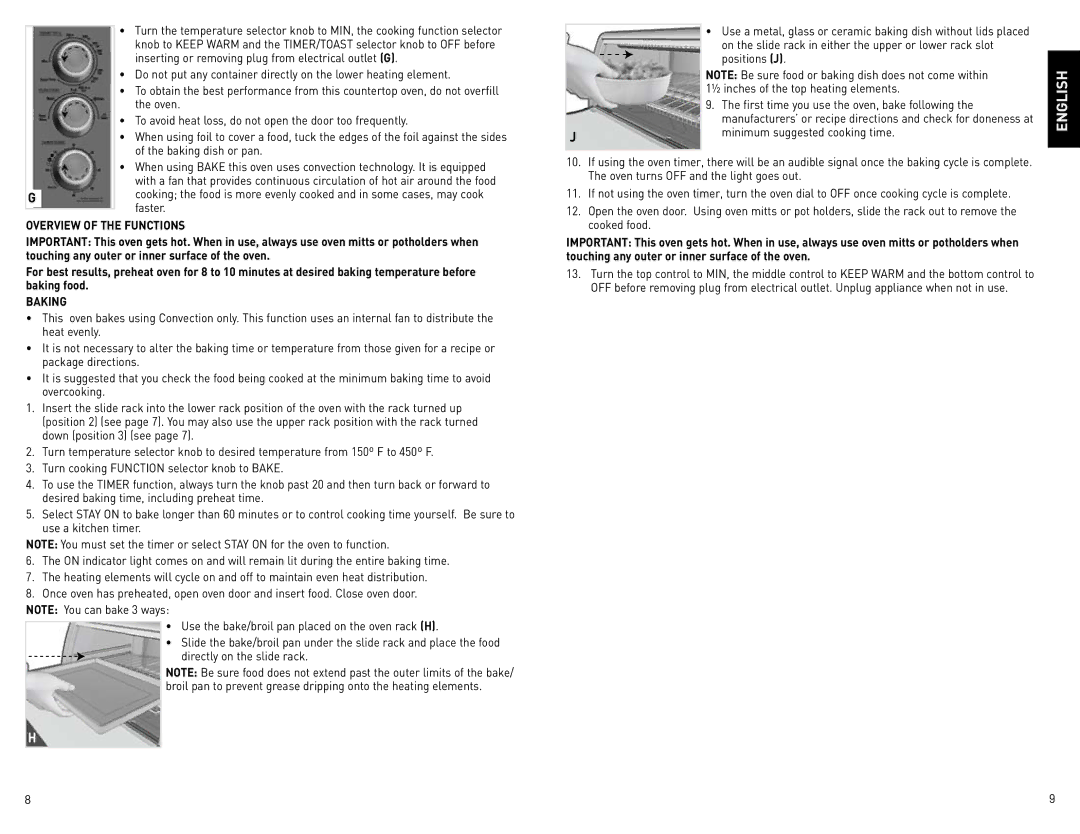 Black & Decker CTO800 manual Overview of the Functions, Baking 