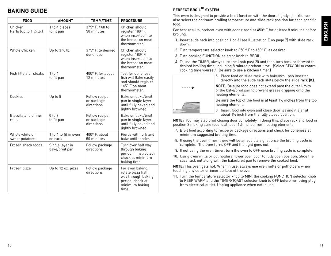 Black & Decker CTO800 manual Baking Guide, Food Amount TEMP./TIME Procedure, Perfect Broil System 