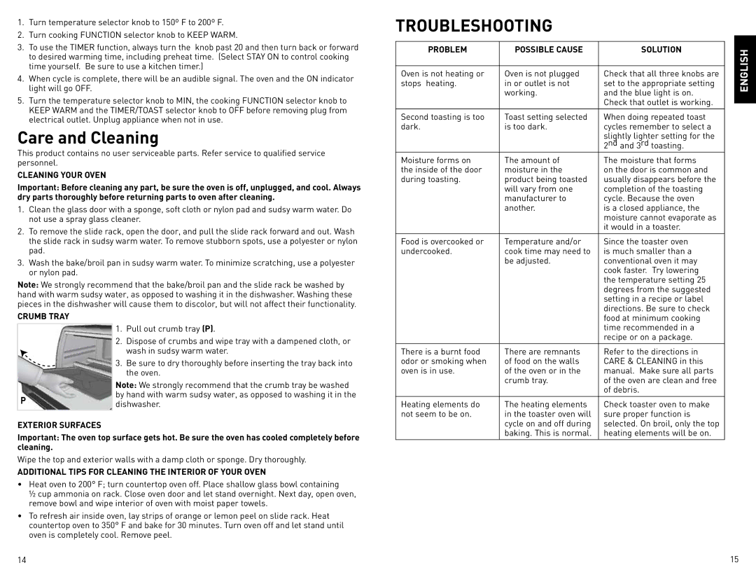 Black & Decker CTO800 manual Cleaning Your Oven, Problem Possible Cause Solution, Crumb Tray Exterior Surfaces 