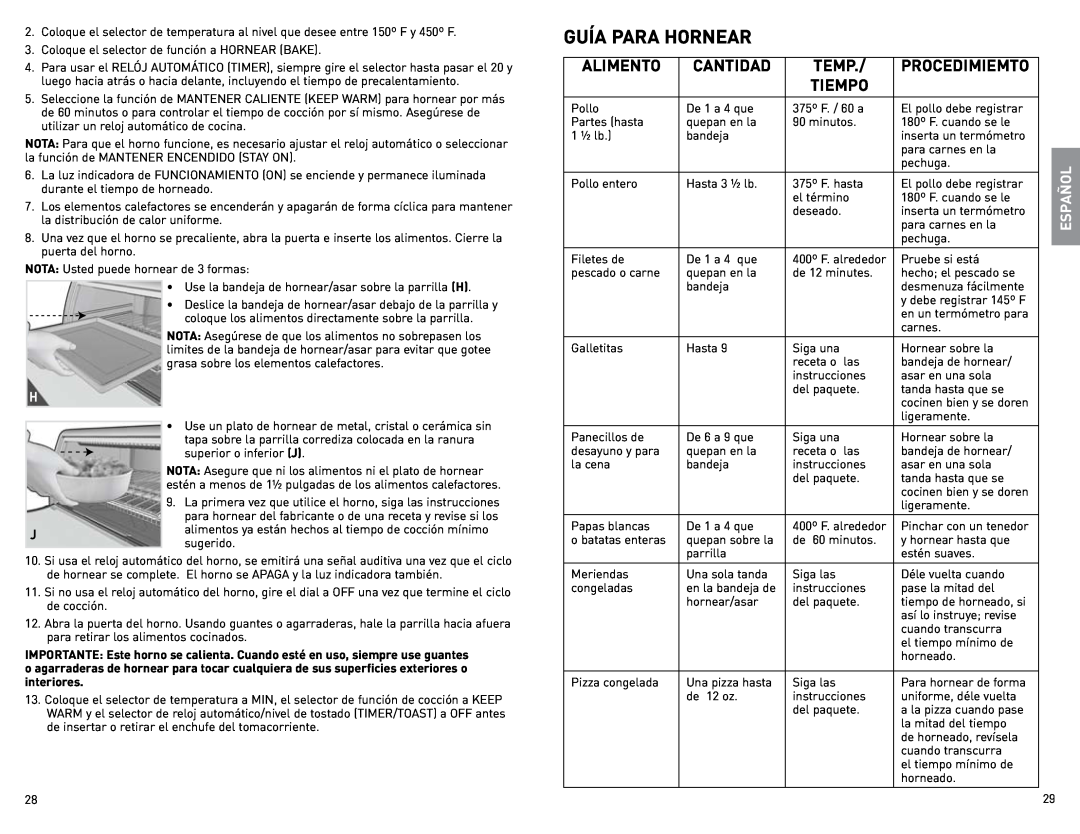 Black & Decker CTO800 manual Guía Para Hornear, Alimento, Cantidad, Temp, Tiempo, Español 