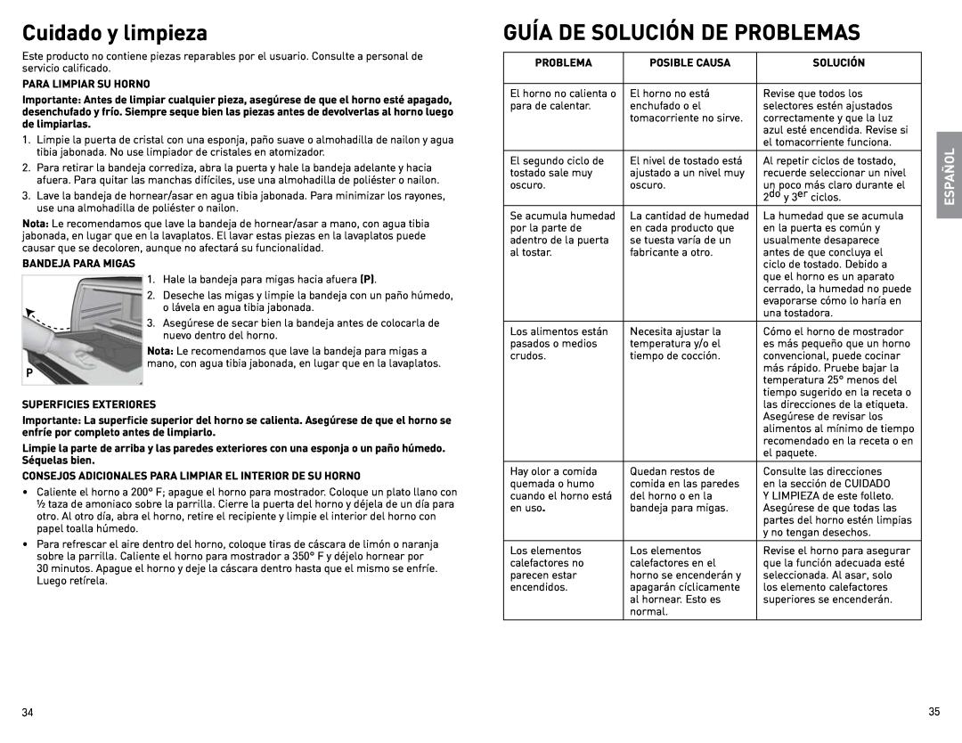 Black & Decker CTO800 manual Cuidado y limpieza, Guía De Solución De Problemas, Español, recomendado en la receta o en 
