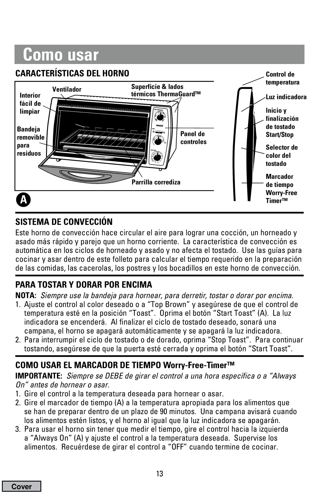 Black & Decker CTO9000 manual Como usar, Sistema DE Convección, Para Tostar Y Dorar POR Encima 