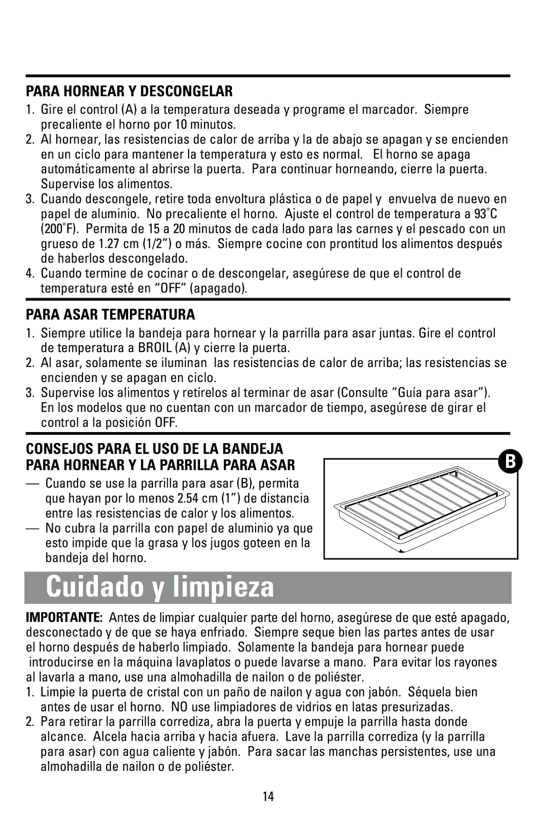 Black & Decker CTO9000 manual Cuidado y limpieza, Para Hornear Y Descongelar, Para Asar Temperatura 