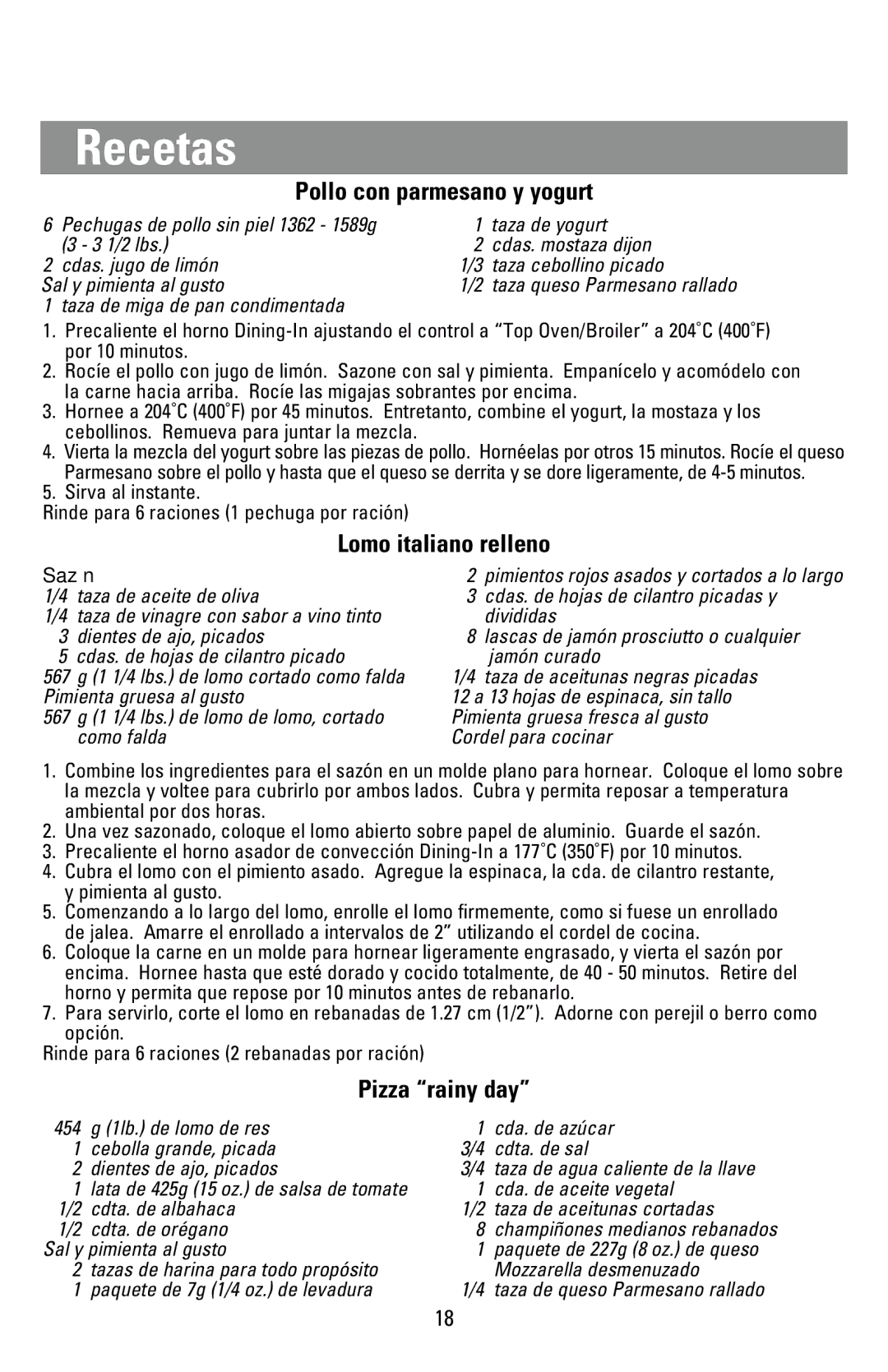 Black & Decker CTO9000 manual Recetas, Pollo con parmesano y yogurt, Lomo italiano relleno, Pizza rainy day, Sazón 