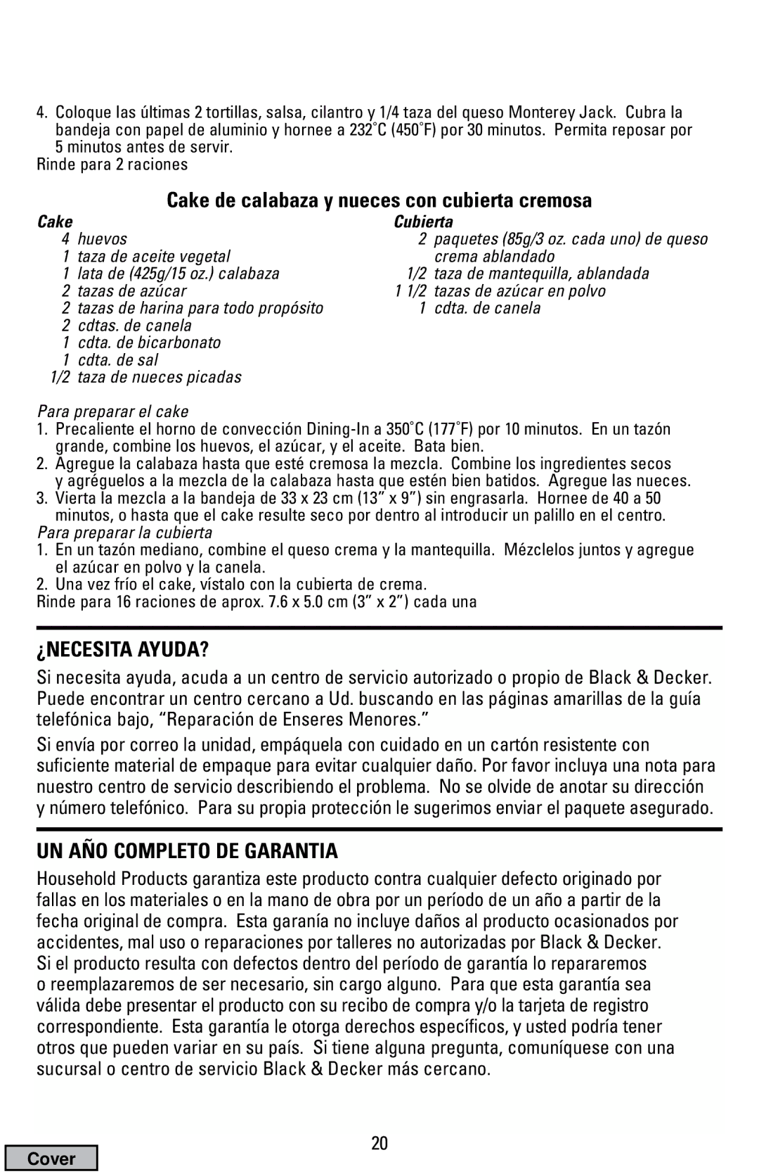 Black & Decker CTO9000 manual Cake de calabaza y nueces con cubierta cremosa, ¿Necesita Ayuda?, UN AÑO Completo DE Garantia 