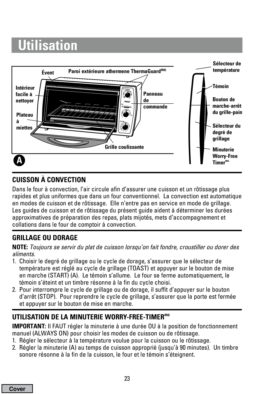 Black & Decker CTO9000 manual Utilisation, Cuisson À Convection, Grillage OU Dorage 