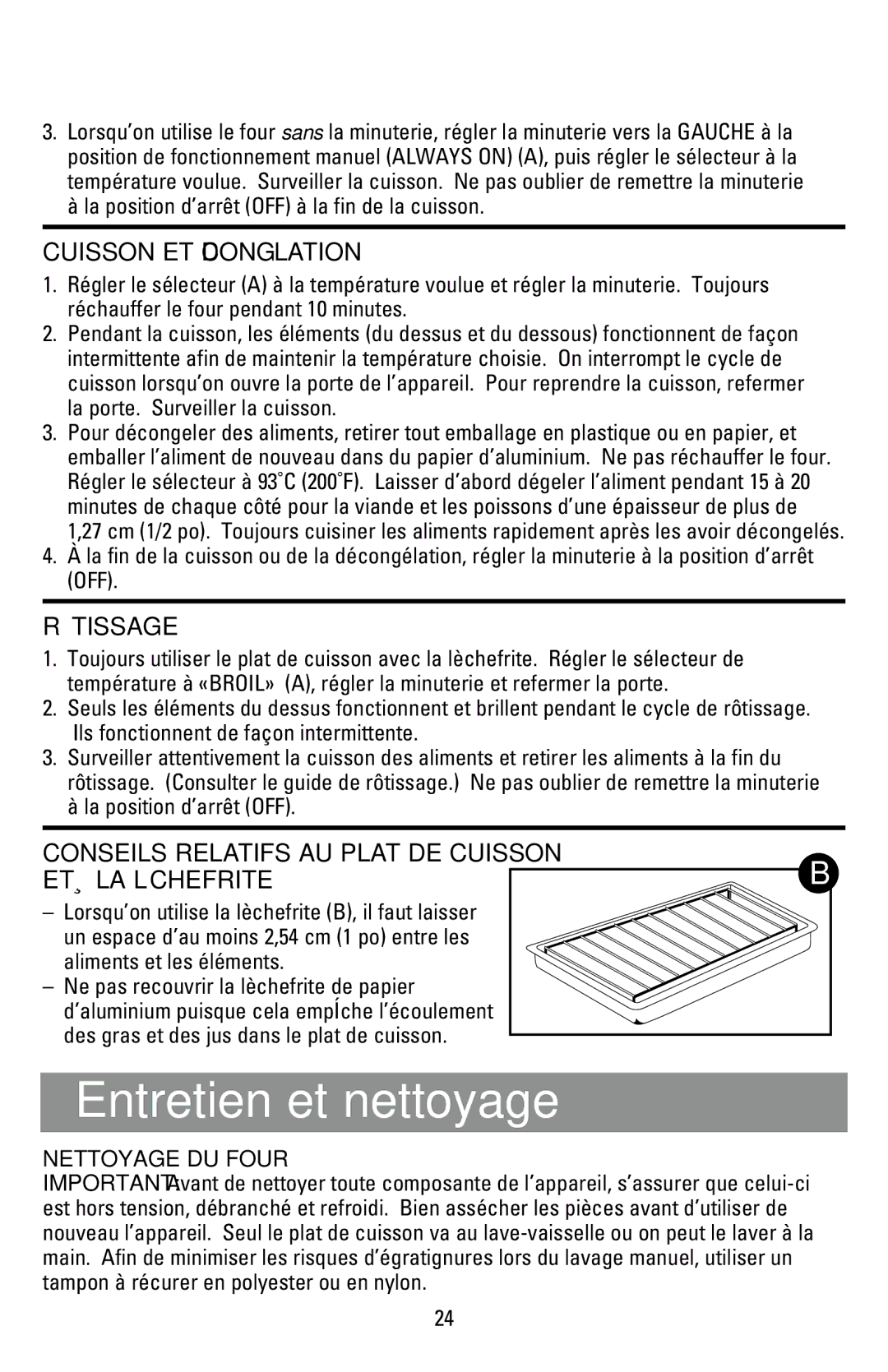 Black & Decker CTO9000 manual Entretien et nettoyage, Cuisson ET Décongélation, Rôtissage 