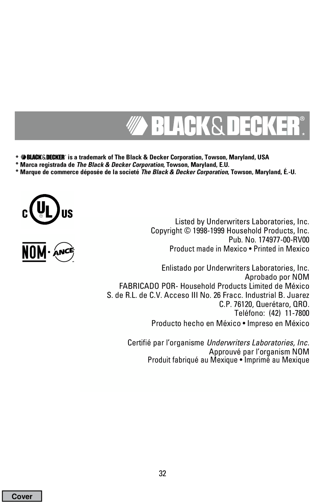 Black & Decker CTO9000 manual Certifié par l’organisme Underwriters Laboratories, Inc 