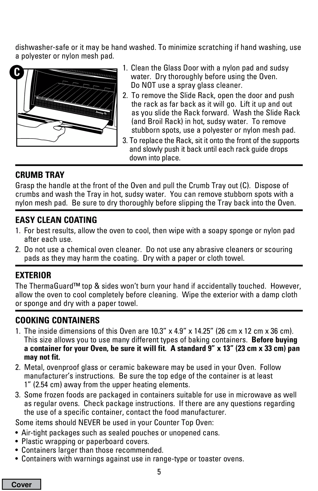 Black & Decker CTO9000 manual Crumb Tray, Easy Clean Coating, Exterior, Cooking Containers 