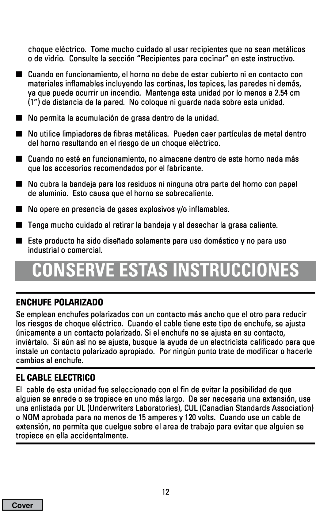 Black & Decker CTO9000 manual Enchufe Polarizado, El Cable Electrico, Conserve Estas Instrucciones 