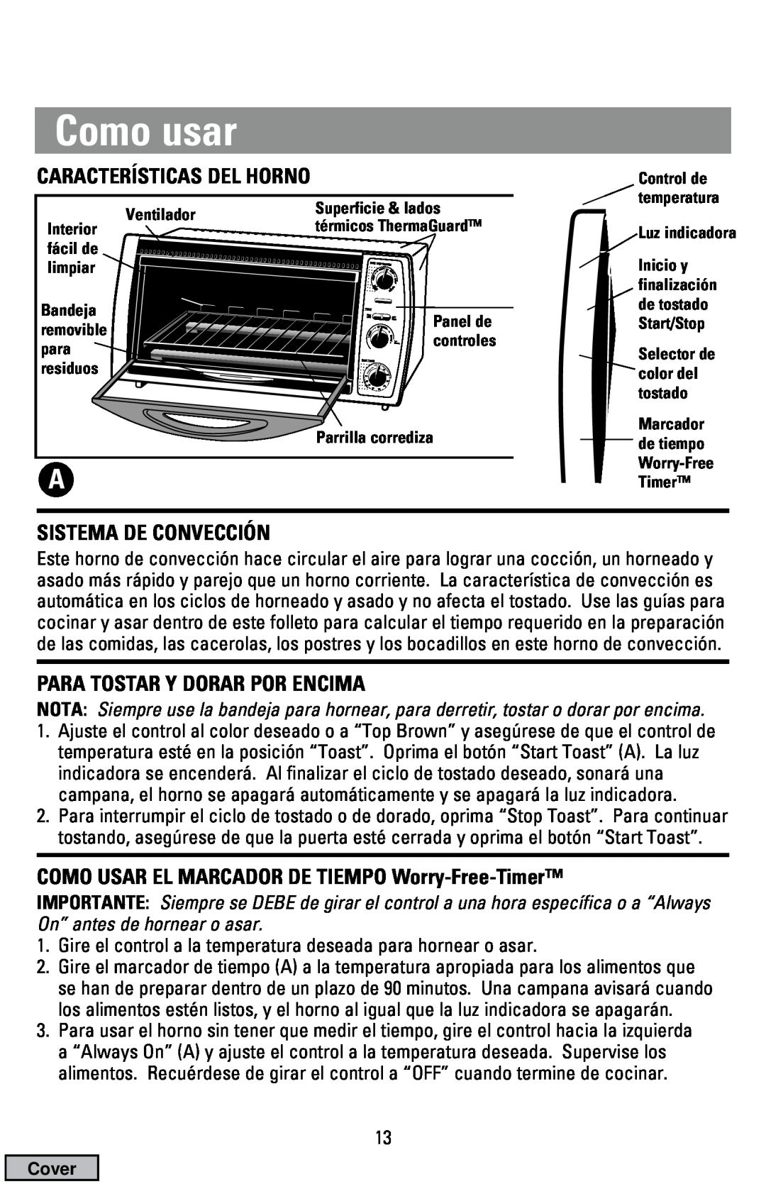 Black & Decker CTO9000 manual Como usar, Sistema De Convección, Para Tostar Y Dorar Por Encima 