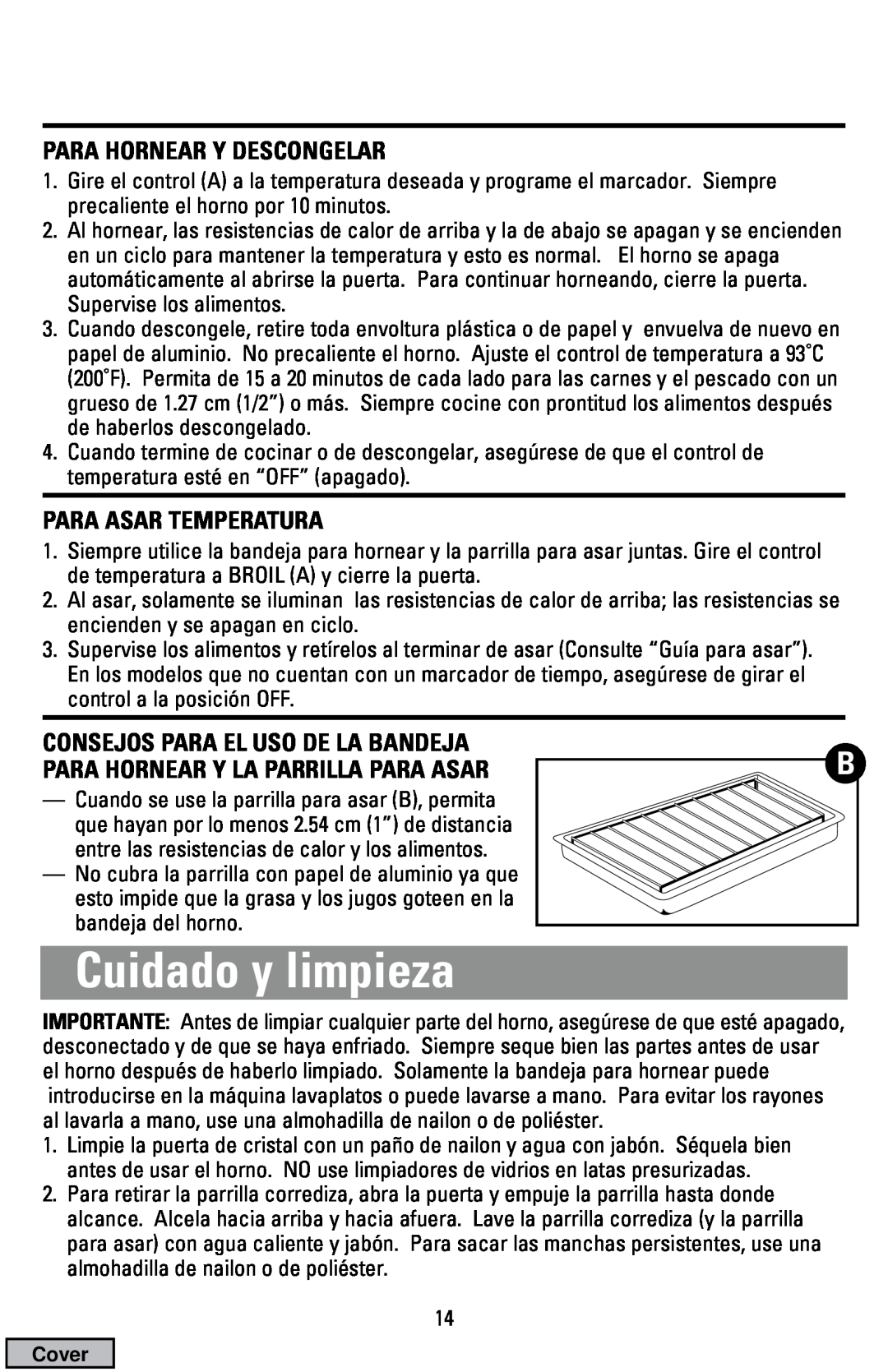 Black & Decker CTO9000 manual Cuidado y limpieza, Para Hornear Y Descongelar, Para Asar Temperatura 
