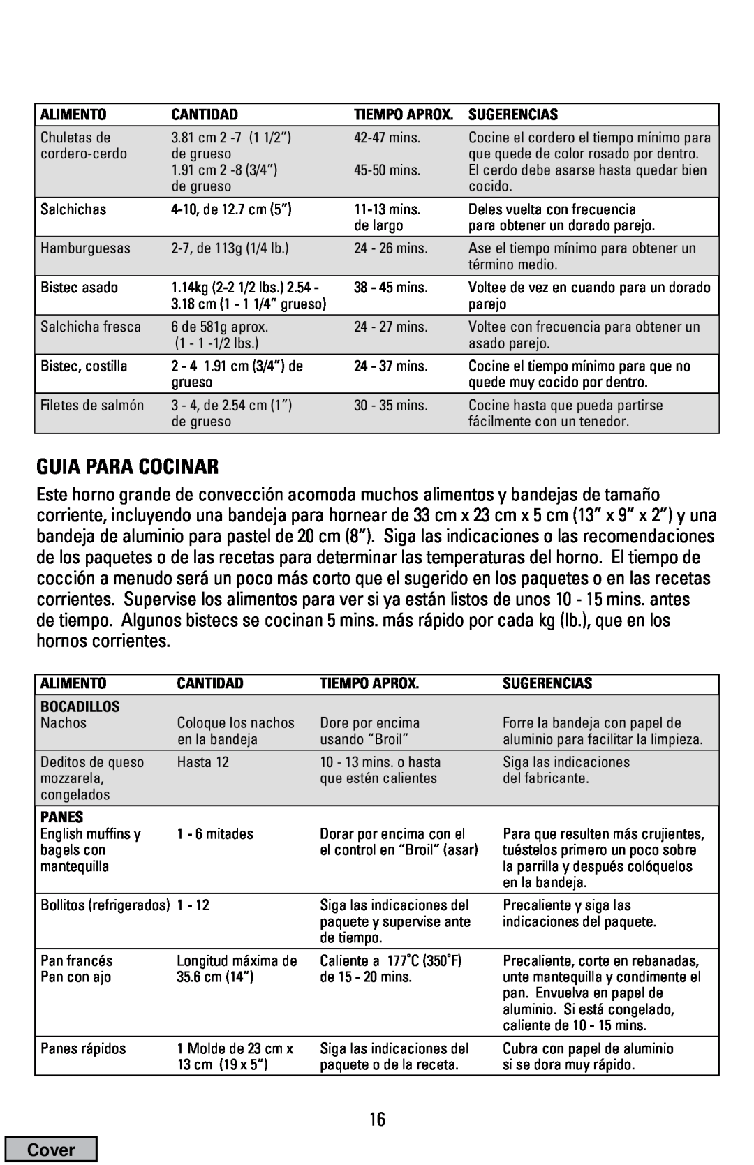Black & Decker CTO9000 manual Guia Para Cocinar, Cover, Alimento, Cantidad, Sugerencias, Tiempo Aprox, Bocadillos, Panes 
