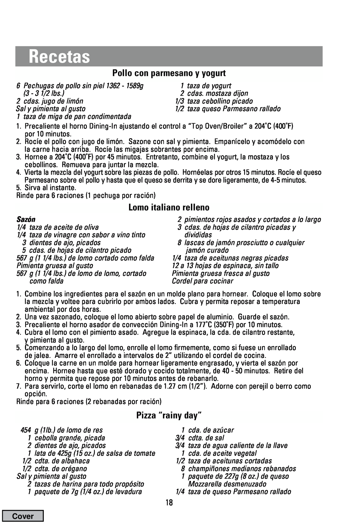 Black & Decker CTO9000 manual Recetas, Pollo con parmesano y yogurt, Lomo italiano relleno, Pizza “rainy day”, Sazón, Cover 