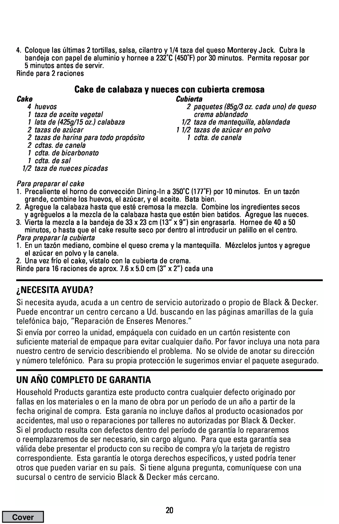 Black & Decker CTO9000 manual Cake de calabaza y nueces con cubierta cremosa, ¿Necesita Ayuda?, Un Año Completo De Garantia 