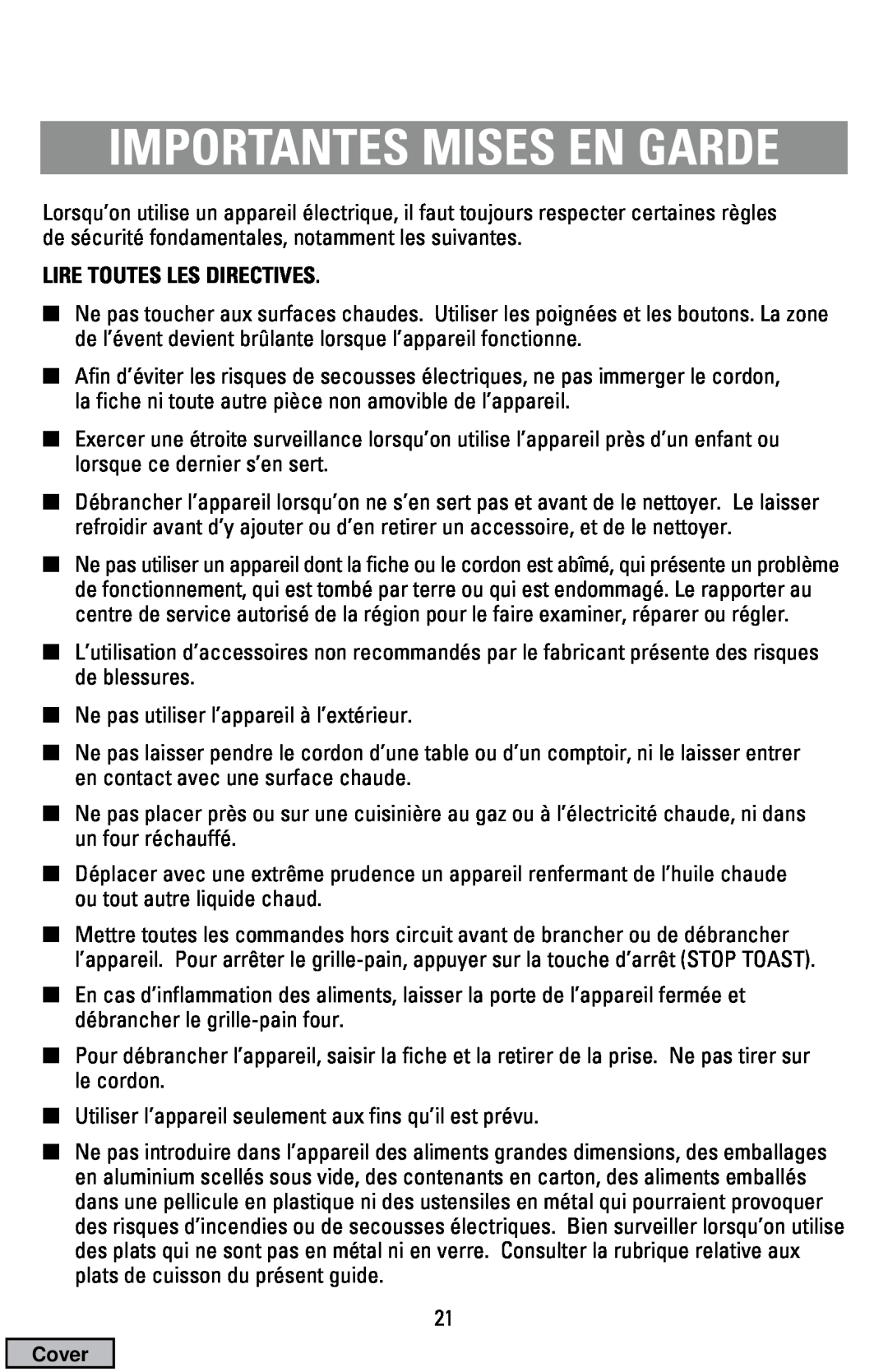 Black & Decker CTO9000 manual Importantes Mises En Garde, Lire Toutes Les Directives 