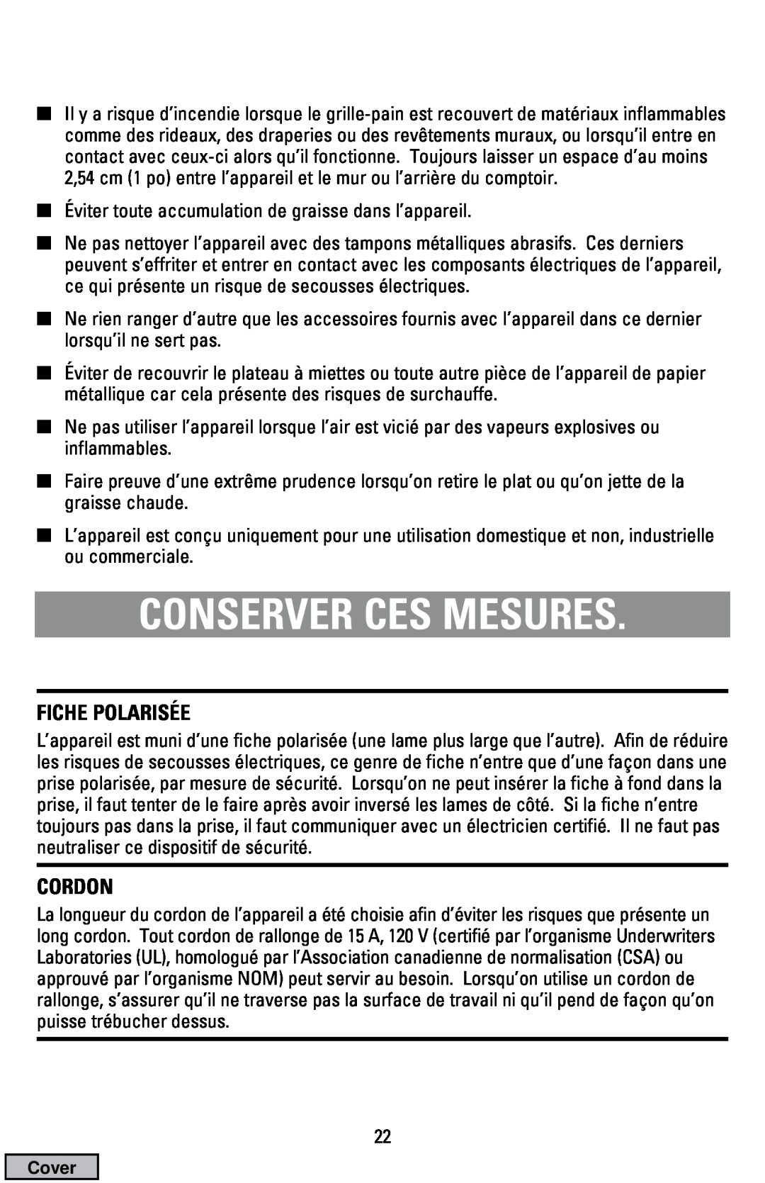Black & Decker CTO9000 manual Conserver Ces Mesures, Fiche Polarisée, Cordon 