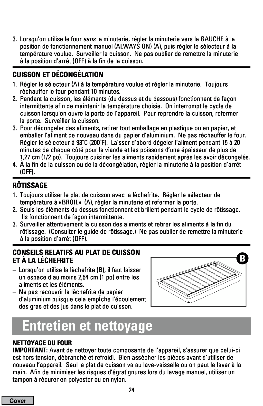 Black & Decker CTO9000 manual Entretien et nettoyage, Cuisson Et Décongélation, Rôtissage, Nettoyage Du Four 