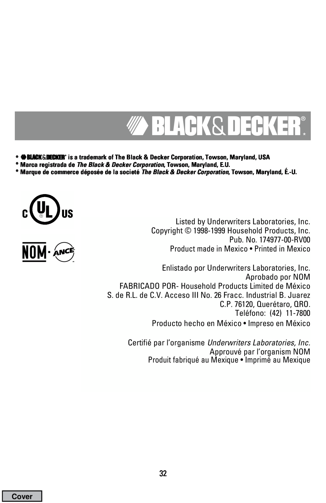 Black & Decker CTO9000 manual Listed by Underwriters Laboratories, Inc 