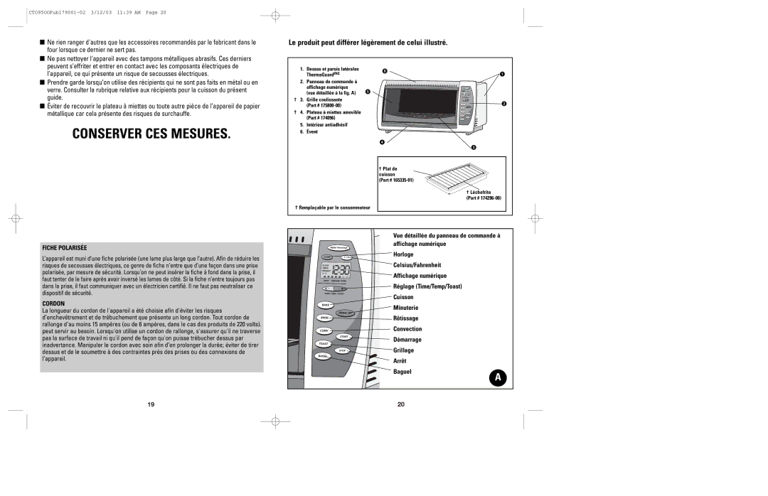 Black & Decker CTO9500 manual Fiche Polarisée, Cordon 