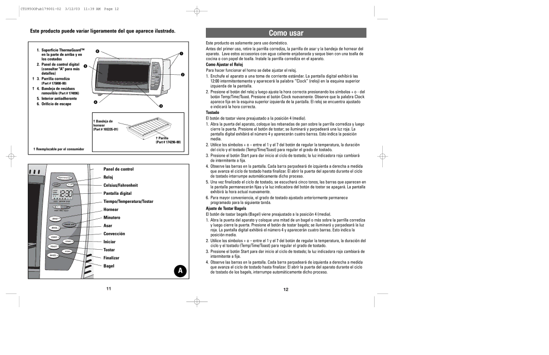 Black & Decker CTO9500 manual Como usar, Como Ajustar el Reloj, Tostado, Ajuste de Tostar Bagels 