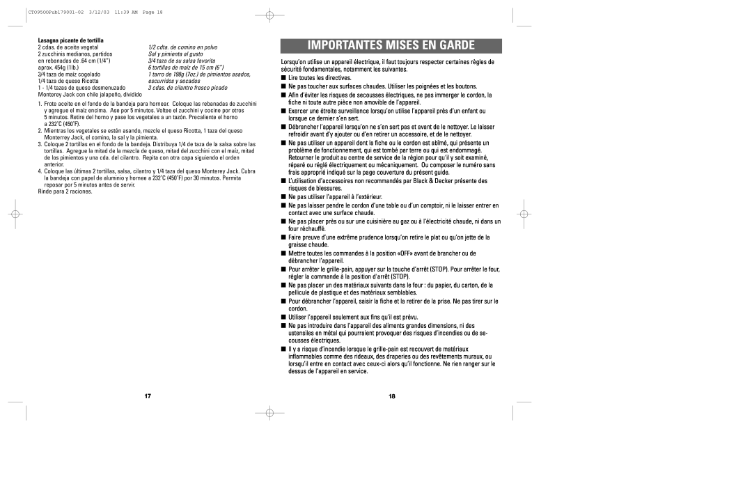 Black & Decker CTO9500 manual Importantes Mises En Garde 